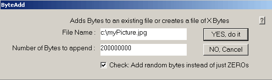 Byte Adder will add random bytes to a file increasing its size.